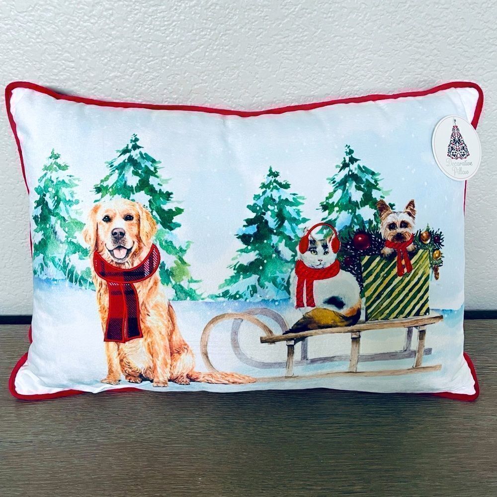 Christmas Dogs Cat Pet Portrait Velvet Holiday Throw Pillow